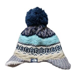 The North Face Baby Knit Hat 6-24M Ear Flap Fleece Lined Pom Beanie Winter Blue